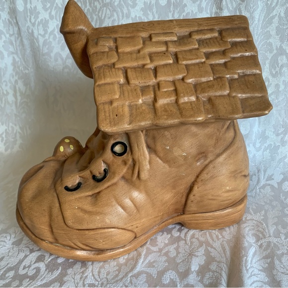 VTG Twin Winton Ceramic Cookie Jar Brown Boot Nursery Rhyme Granny Farmhouse - Picture 4 of 9